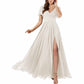 Short Sleeve Bridesmaid Dresses Long with Slit V Neck Chiffon Formal Dresses