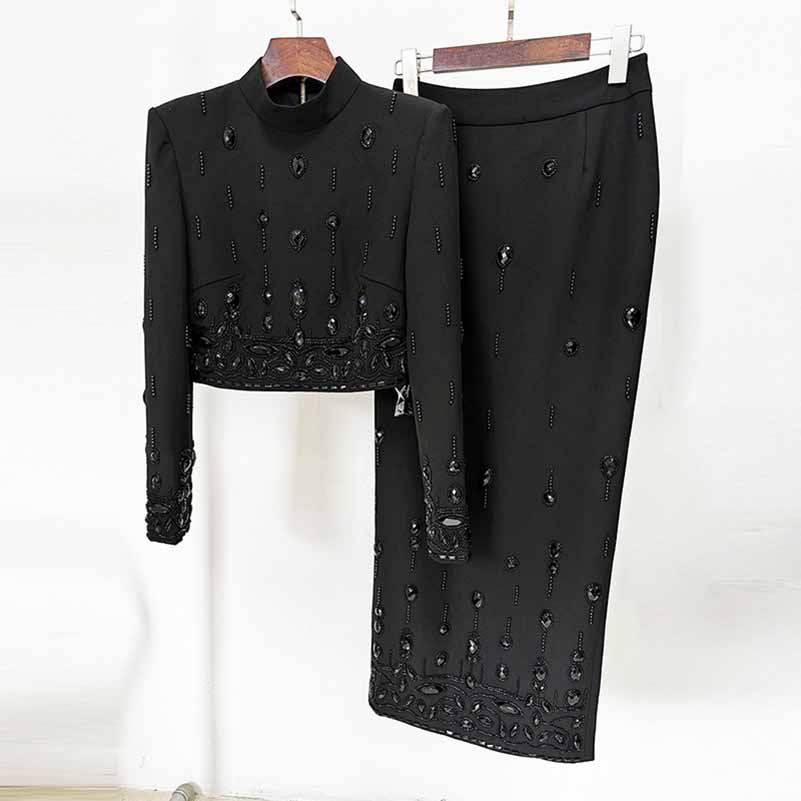 Women's Skirt Suit Fitted Beaded Long Sleeve Crop Top + Long Skirt Suit