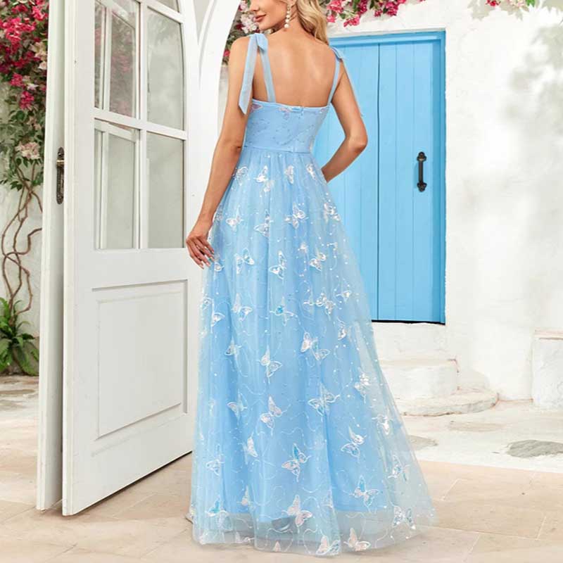 Sky Blue Wedding Guest Dress Square Neck Long Prom Dress Tulle Bridesmaid Dress