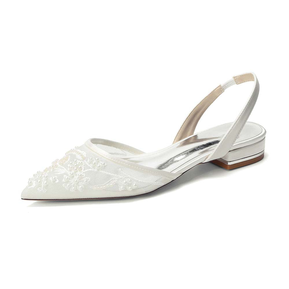 Women's Slingback Lace Wedding Shoes Pointed Toe Flat Bridal Shoes