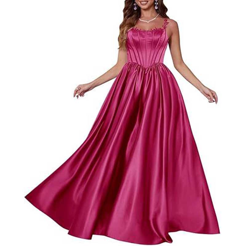 Spaghetti Straps Wedding Ball Gown Appliques Satin Prom Dress