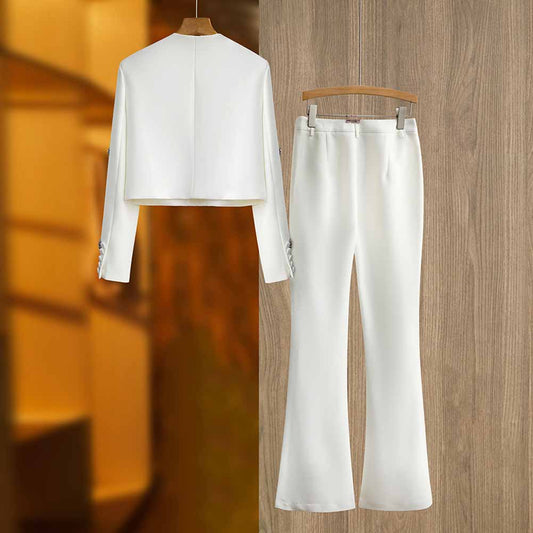 Women's Pantsuit Long Sleeves Crystal Pearl Blazer Set Pantsuit