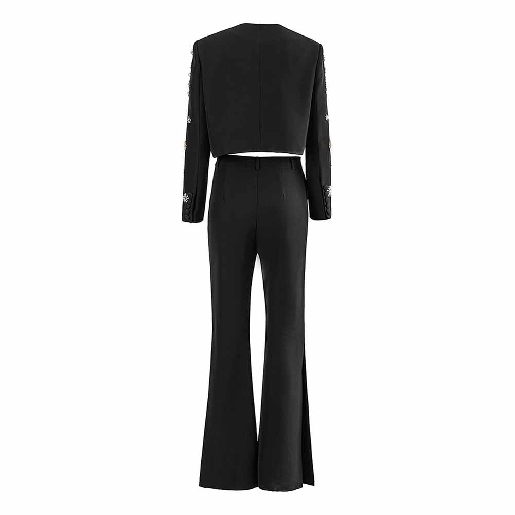 Women's Pantsuit Long Sleeves Crystal Pearl Blazer Set Pantsuit