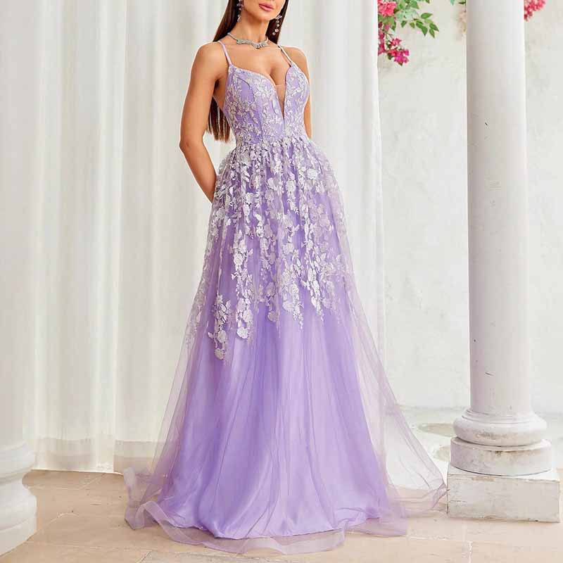 Lace V Neck Sleeveless Ball Party Dress – A Line Bridesmaid Gown for Formal Events