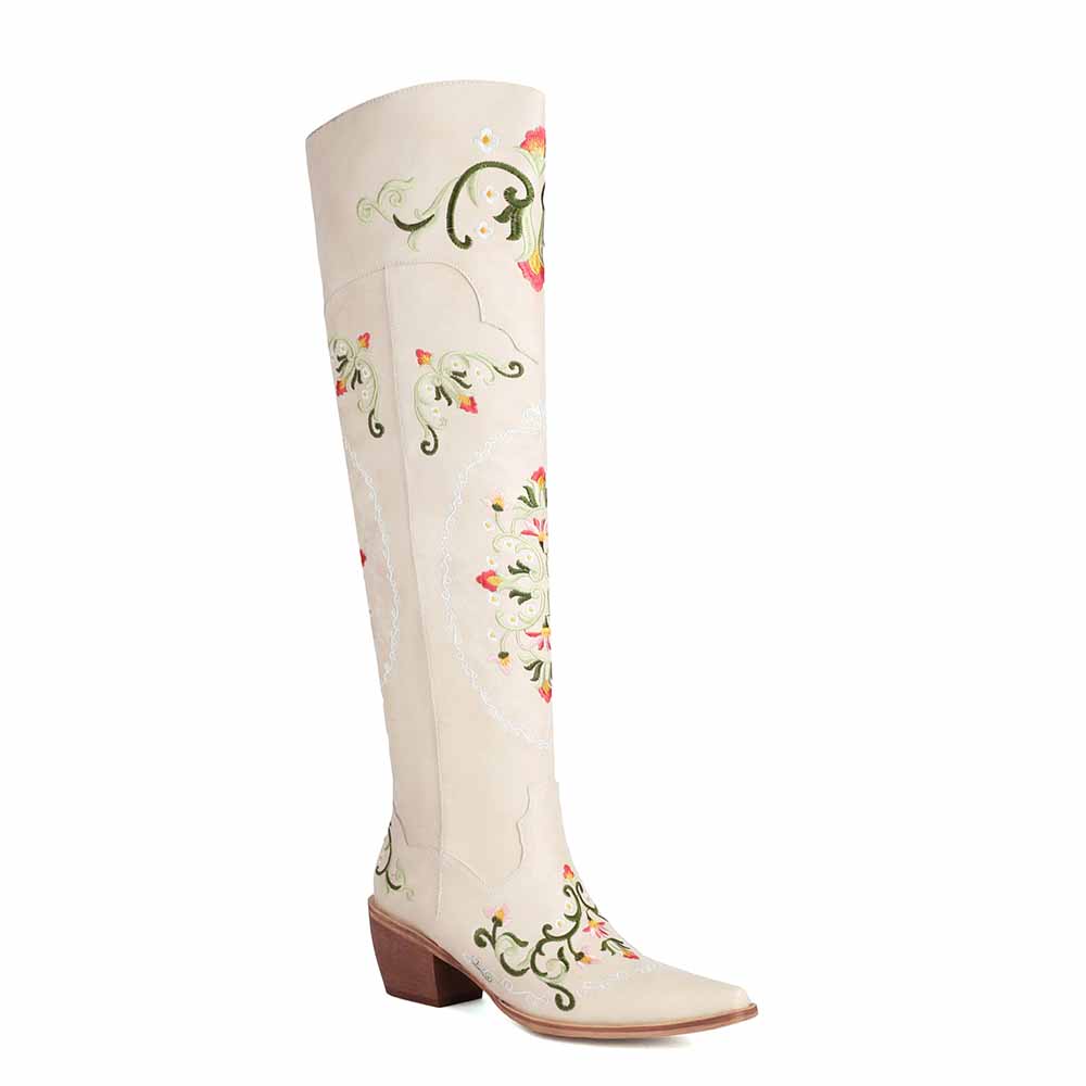 Unique embroidered cowboy boots women in white with floral designs and a stylish pointed toe