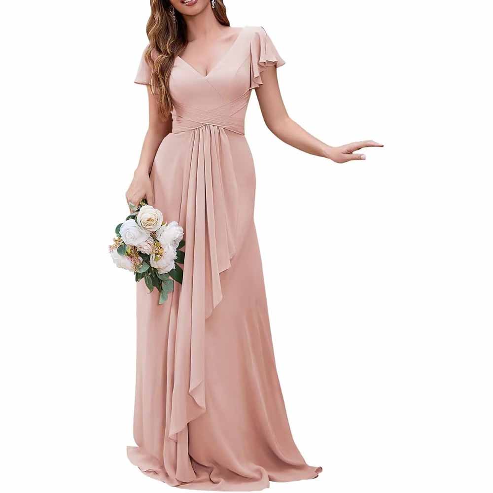 Women Chiffon Bridesmaid Dresses Short Sleeve Long Prom Dress V Neck E SD Dresscode & Fashiontrends Women Chiffon Bridesmaid Dresses Short Sleeve Long Prom Dress V Neck E SD Dresscode & Fashiontrends