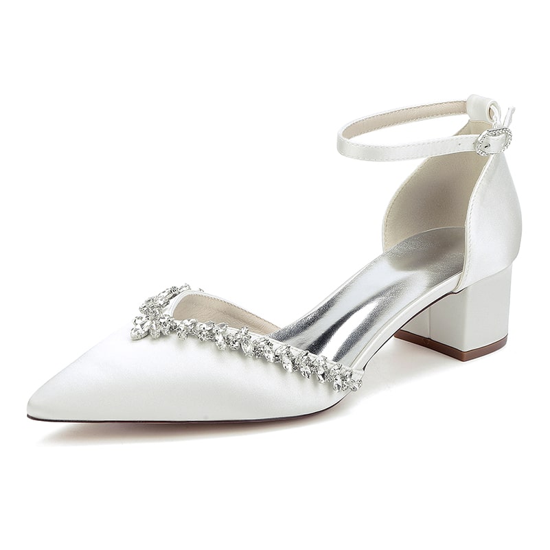 Elegant white wedding ankle strap heels for bride with sparkling embellishments and a comfortable block heel