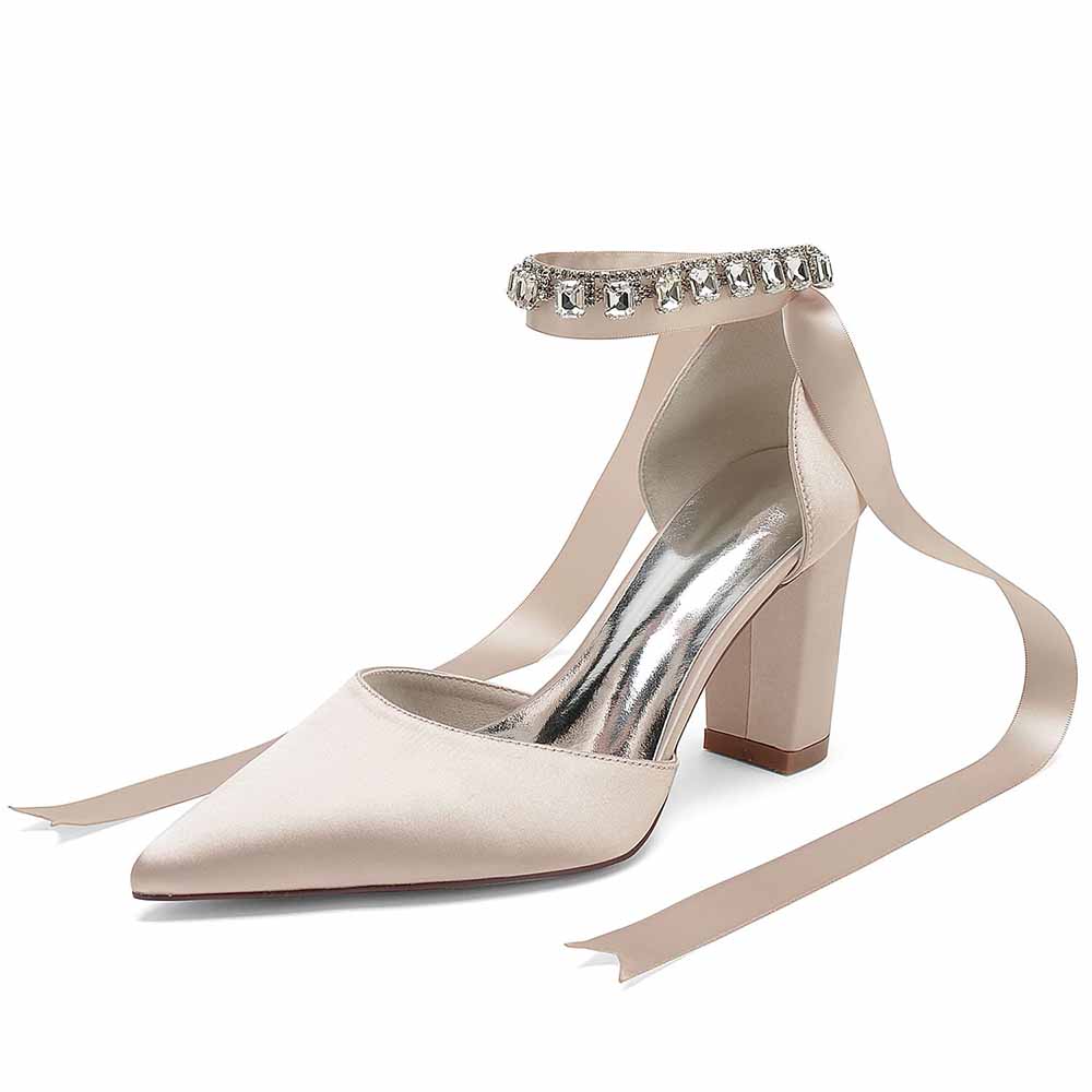 S&DCo. wedding chunky heel shoes for women with satin finish and sparkling ankle strap detail