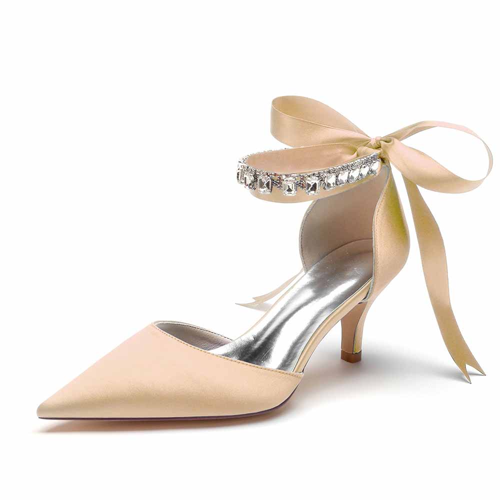 Elegant wedding heels shoes in nude satin with stylish ankle ribbon and embellished detail