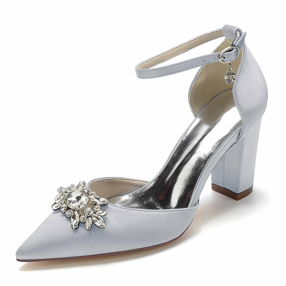 Elegant point toe satin wedding shoes with embellished rhinestone design and ankle strap for a stylish look