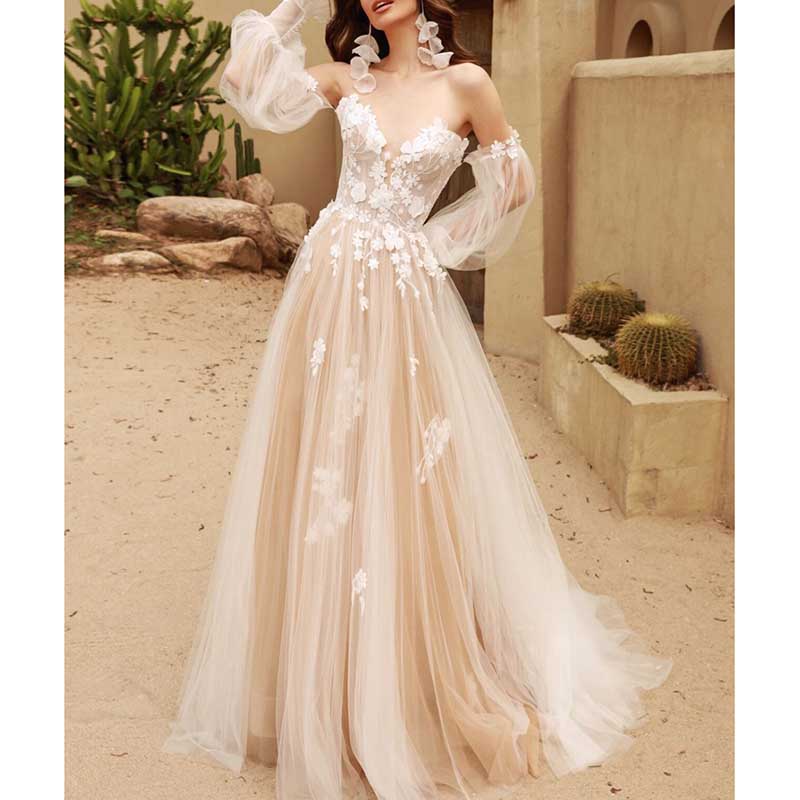 Tulle A Line Square Beading Puffy Sleeves Wedding Dress main image 1