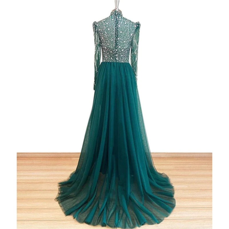 2 Pieces Custom Mermaid Sheer Sleeves High Neck Beaded Evening Dress Wedding Gown