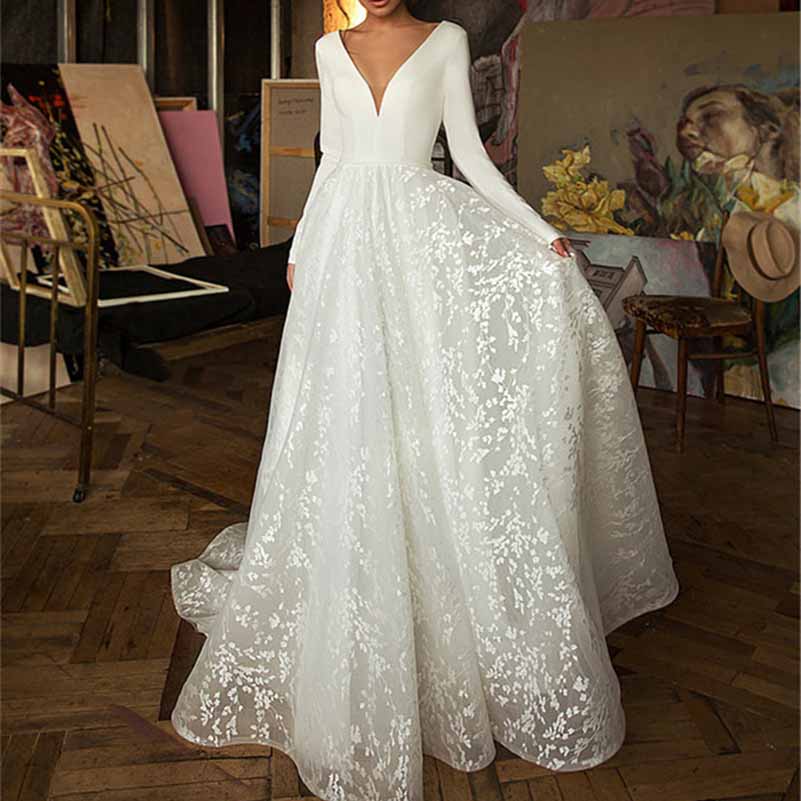 long sleeve wedding dress with low back Long Sleeves A Line Wedding Dress Low Back Bridal Ball Gown V-Neck Bri – SD Dresscode & Fashiontrends