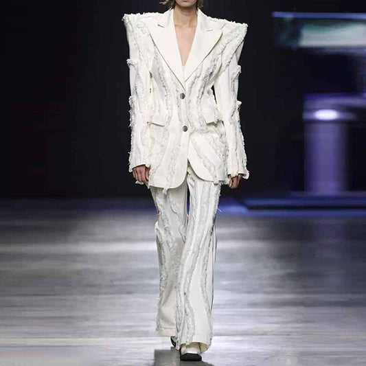 Women White Denim Pantsuits Thickened Shoulder Pad with Tassels Jacket, Jeans Suit