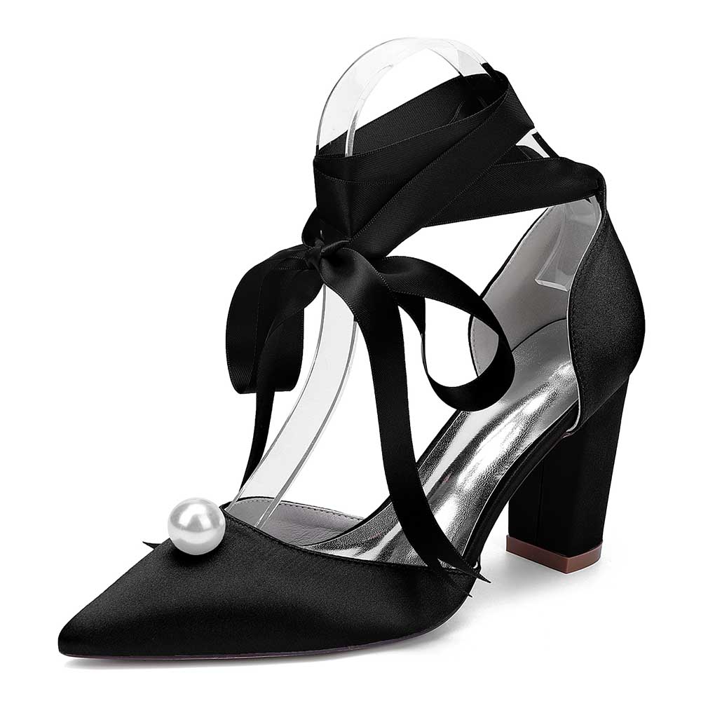 S&DCo. black women chunky heel wedding shoes with elegant pearl detail and stylish ribbon ties