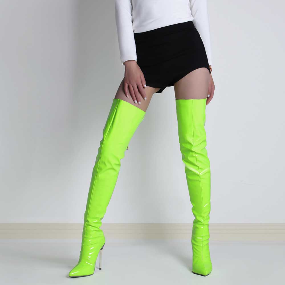 Neon green over the knee stiletto boots for women with a glossy finish and high heels