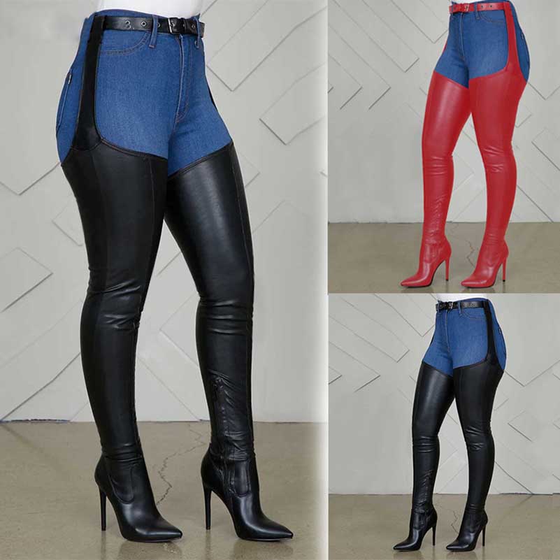 Stylish women's belted thigh high boots in black and red with high heels for a trendy look