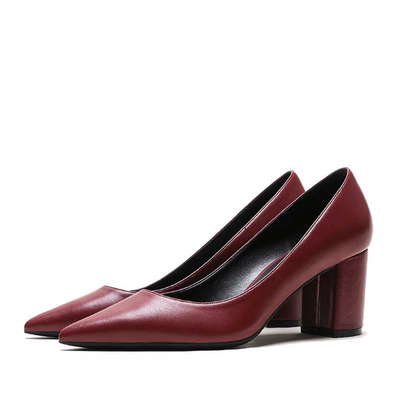Elegant burgundy women's block heel dress shoes with a sleek pointed toe design