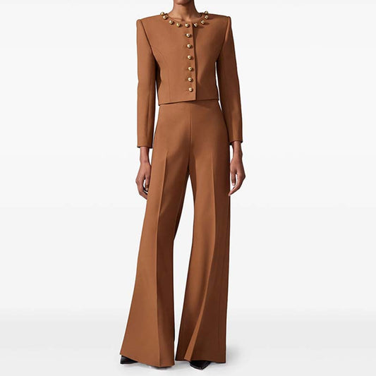 Elegant women's brown tailored pantsuit by SD Dresscode featuring a buttoned blazer and wide-leg trousers