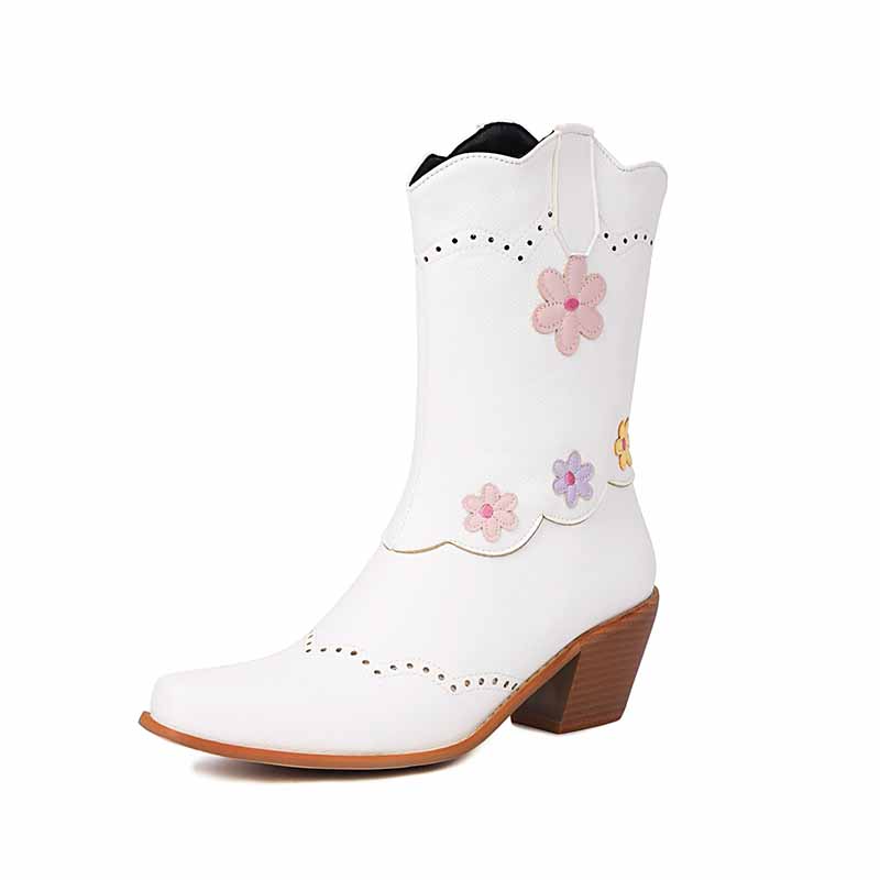 sd-hk women's cute mid-calf western boots in white with floral designs and a block heel