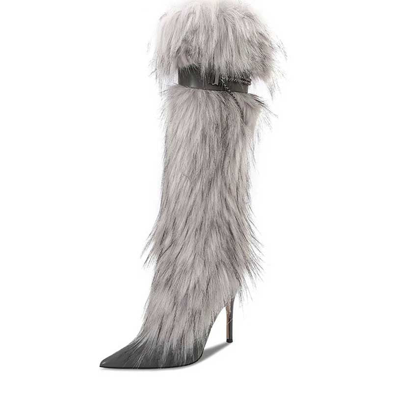 Stylish women's grey faux fur boots with a high heel and trendy design for fashionable outfits