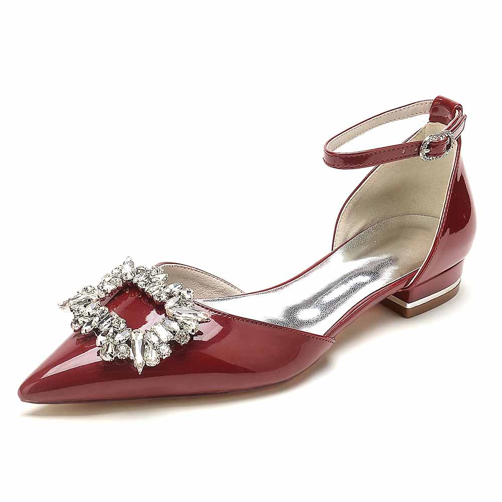S&DCo. women's jeweled pointed toe flats in red with elegant ankle strap and decorative embellishments