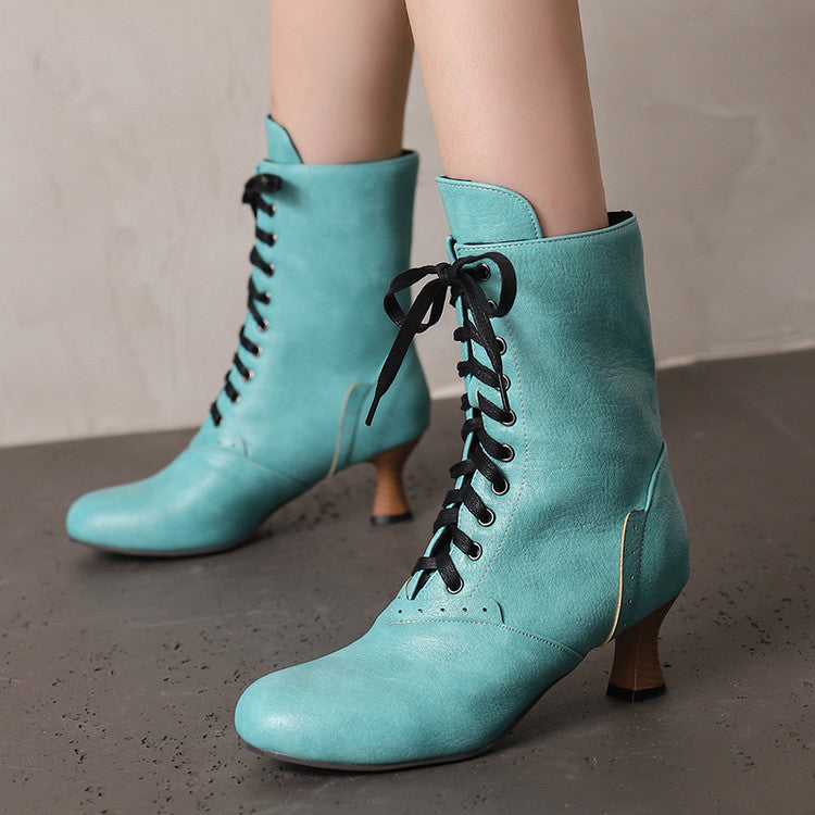 Stylish women's lace-up ankle boots in turquoise with a chic high heel design