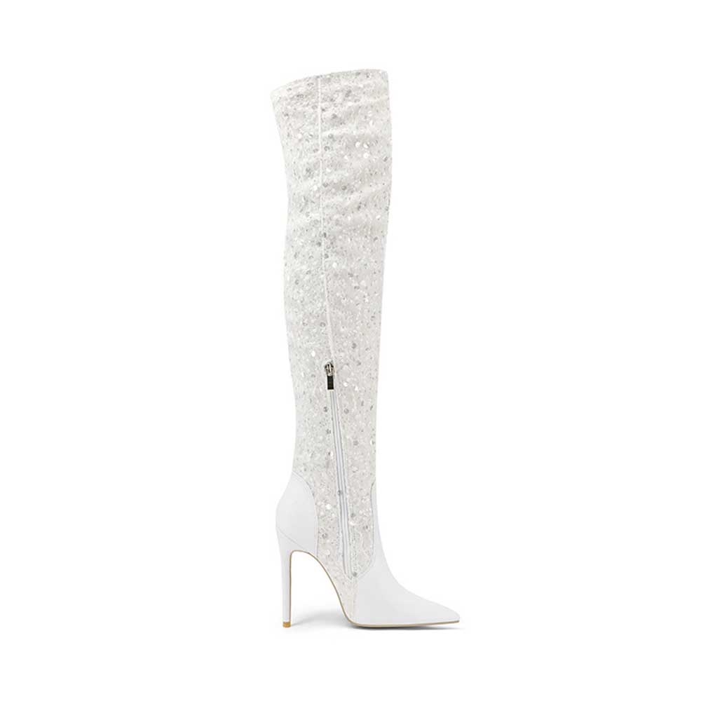 Stylish women's over the knee glitter boots in white with a sleek design and high heels