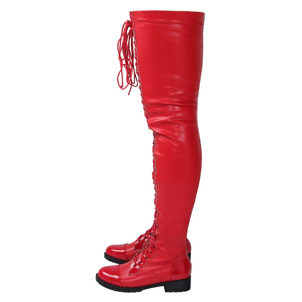 Stylish red women's over the knee lace up boots with a bold design and durable sole