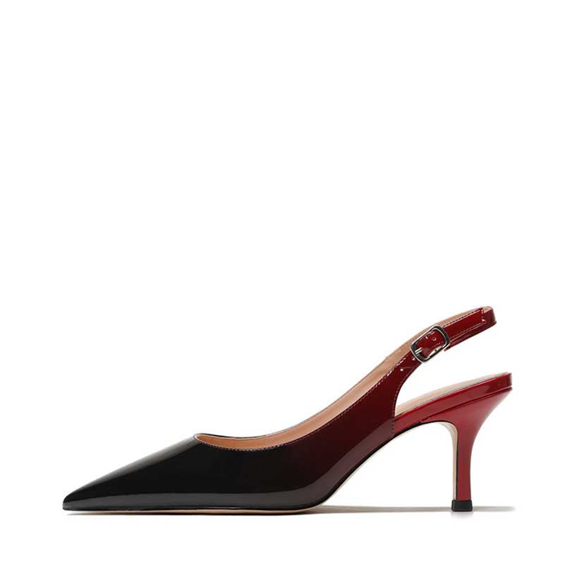 Elegant women's patent leather slingback heels in black and red with a pointed toe design