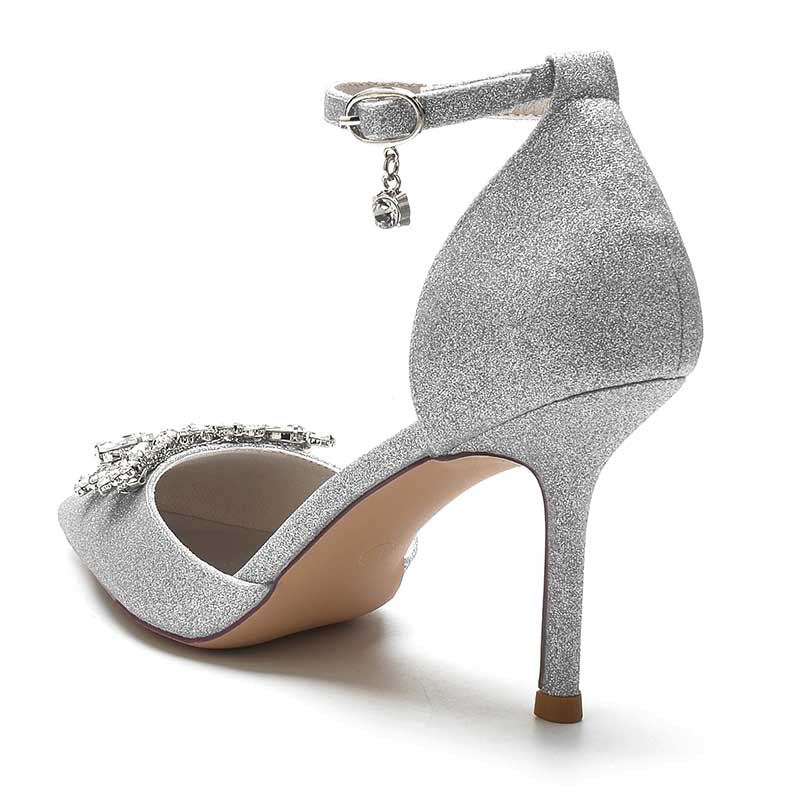 S&DCo. women's rhinestone wedding pumps with adjustable ankle strap and glittering silver design