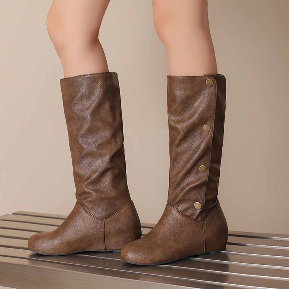 Brown Sd-hk women's round toe wedge boots with stylish buttons and a slouchy design