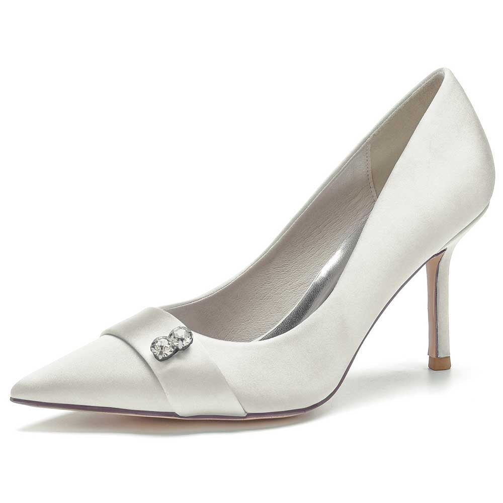 Elegant women's satin heels with pearls, featuring a pointed toe and slim stiletto heel
