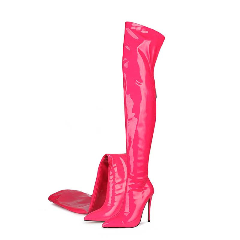 Bright pink women's stiletto thigh high boots with sleek design and sharp pointed toe