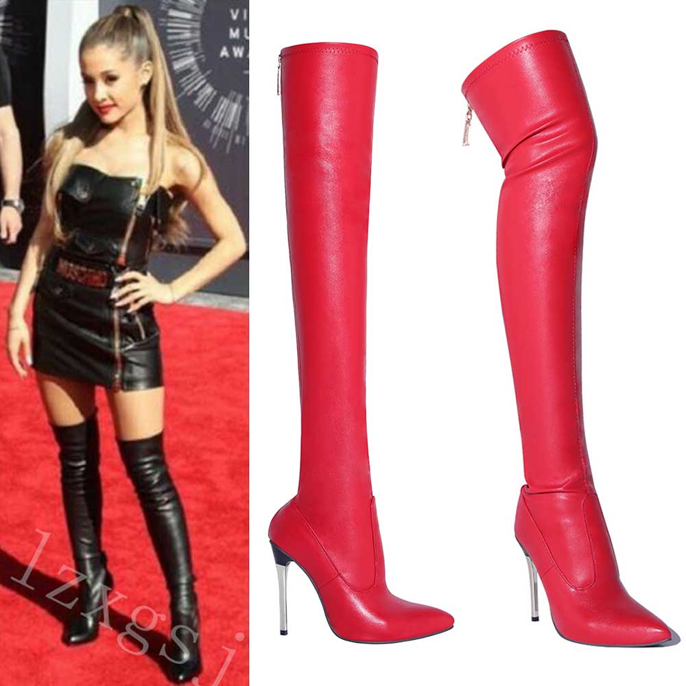 Stylish red womens thigh high boots with stiletto heels for a bold fashion statement