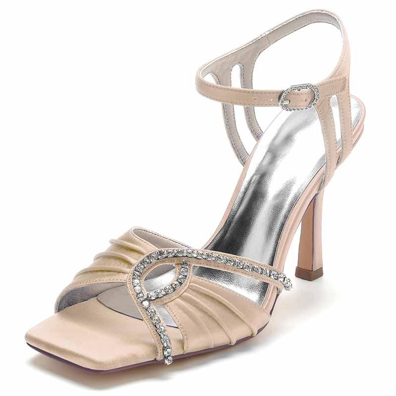 S&DCo. women's wedding ankle strap heels in beige with elegant rhinestone detail