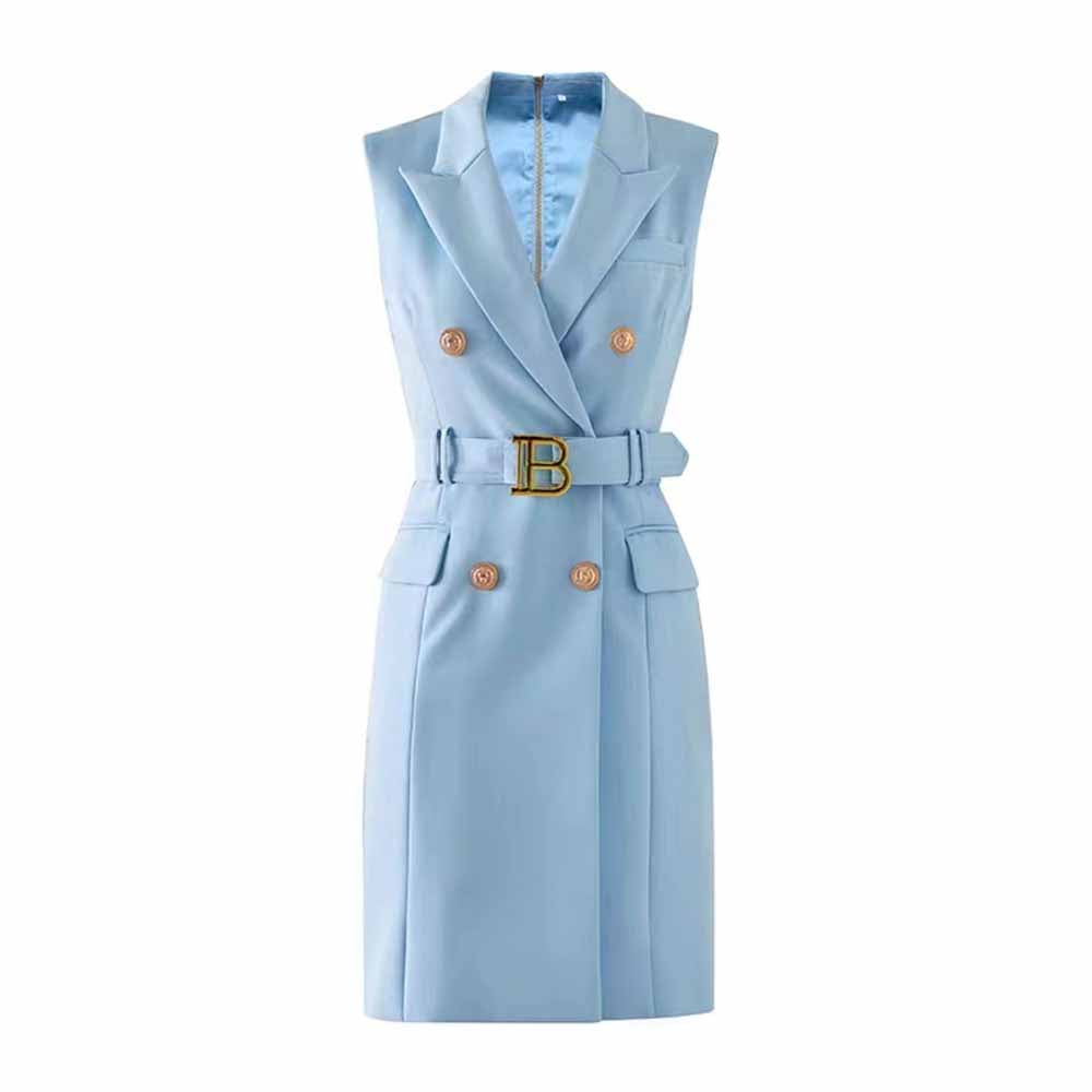 Womens belted sleeveless blazer mini dress double breasted dress