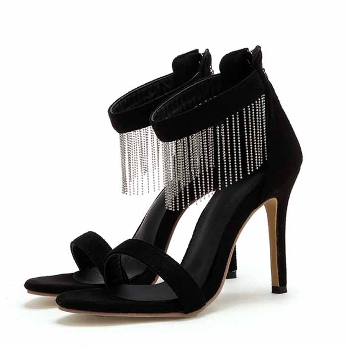 Women Strappy Strap Chain Black Suede High Heels