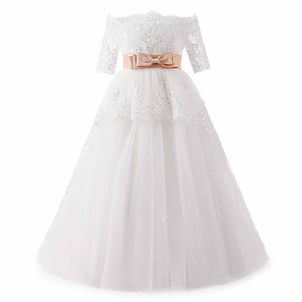 Elegant Flower Girl Lace Beading First Communion Dress 2-12 Years Old