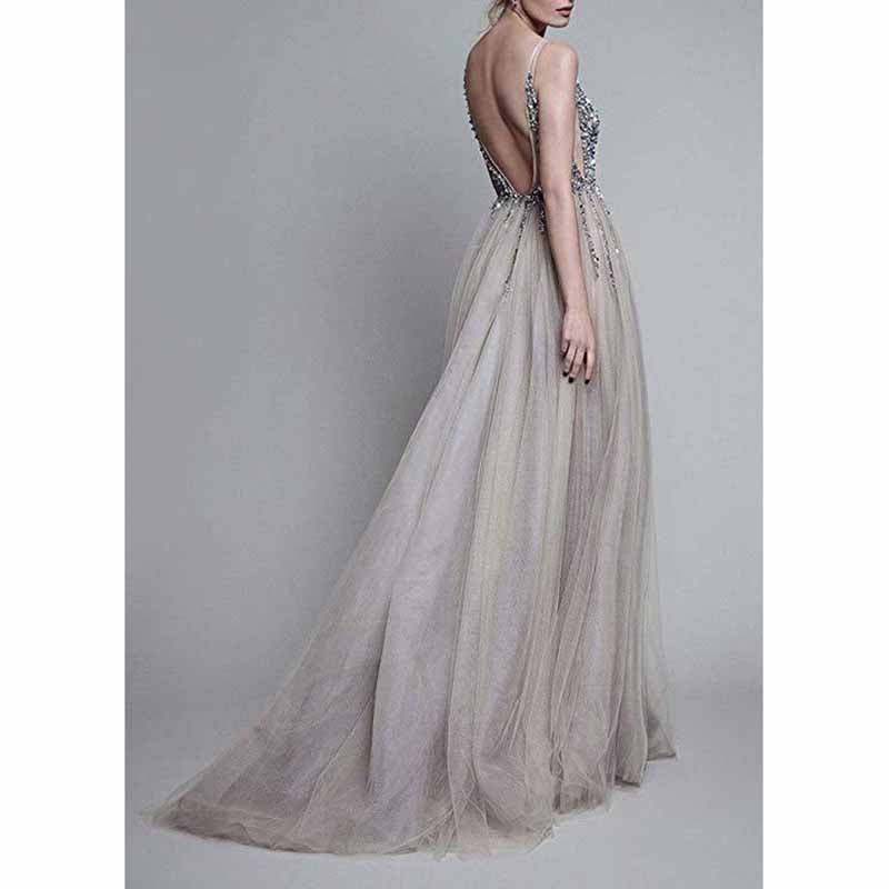 Women's Tulle Prom Dress V Neck Sequin Wedding Bridesmaid Dress