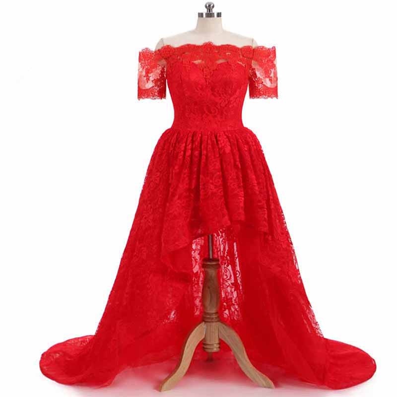 Women's Off Shoulder Prom Dresses High Low Puffy Formal Lace Evening Ball Gowns