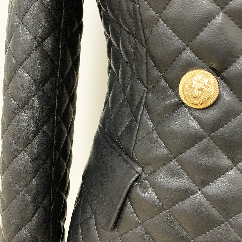 Women Slim-fit PU Leather Jacket Double Breasted Blazer In Black