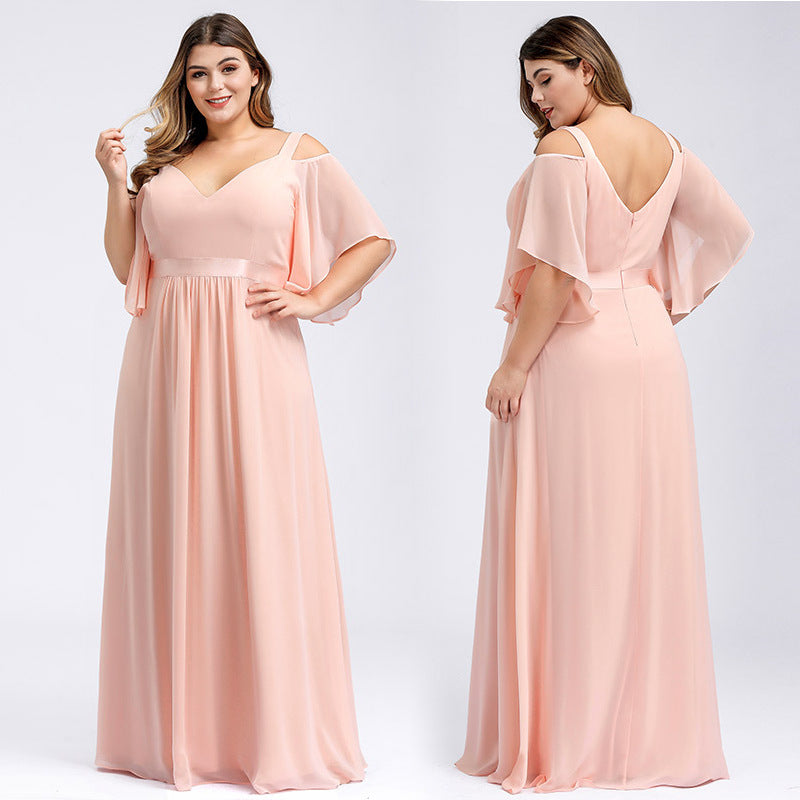 sd-hk Women's Plus Size V-Neck Off Shoulder Evening Party Maxi Dress