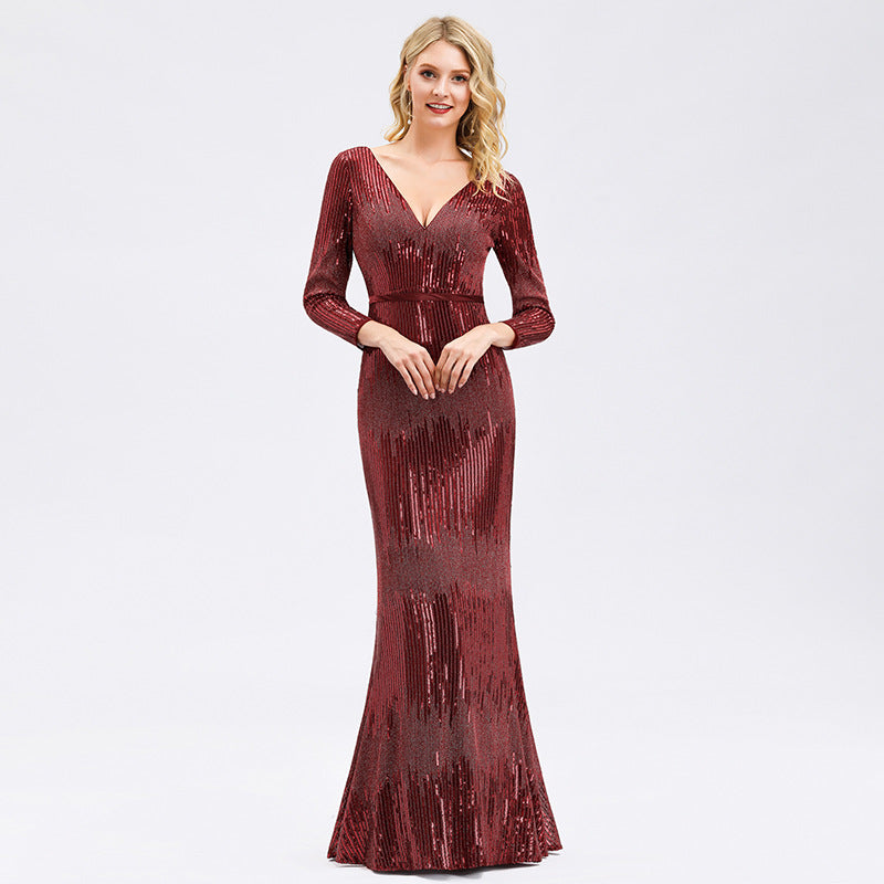 sd-hk Women's Long Sleeve Sequin Floor-Length Mermaid Dress Wine Red