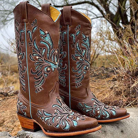 Women's Western Cowgirl Cowboy Boots Wide Calf Pointed Toe Embroidered
