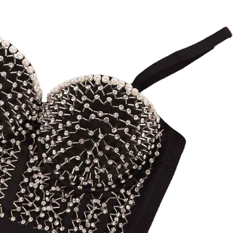 Womens Crop Tops Black Beaded Push Up Corset Bra Dance Top