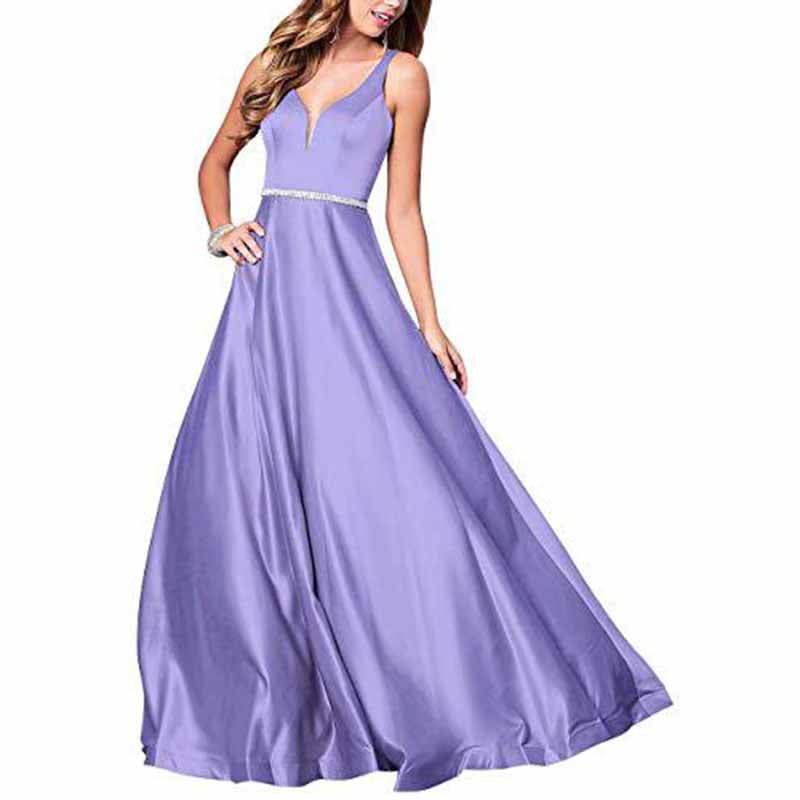 Women's V neck Satin Prom Dresses Sleeveless Formal Party Gowns Bridesmaid Dress
