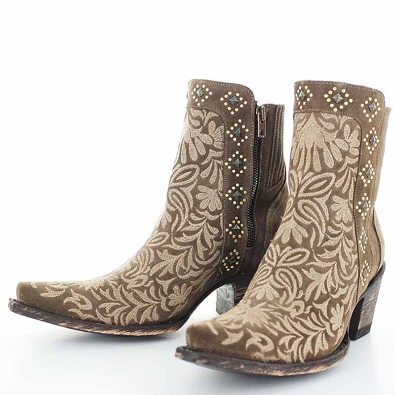 Womens Embroidered Floral Snip Toe Boots Ankle Low Heel Boot