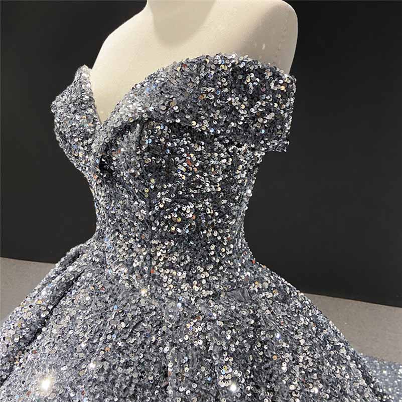 Ball Gown Sleeveless Off-the-Shoulder Court Train Sequin Metallic Dresses With Tail