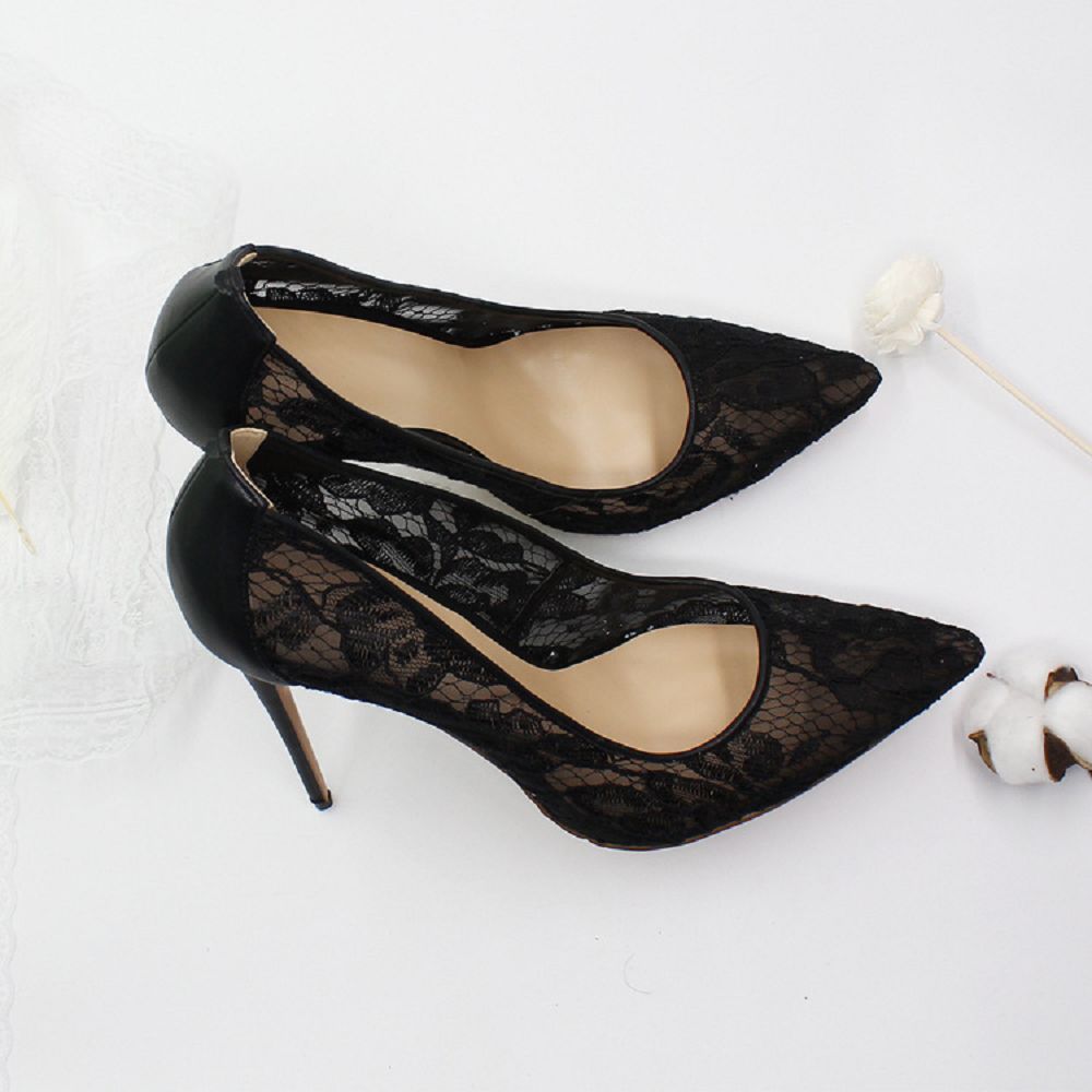 Black Women Wedding Shoes Lace Hollow Out High Heel Stiletto